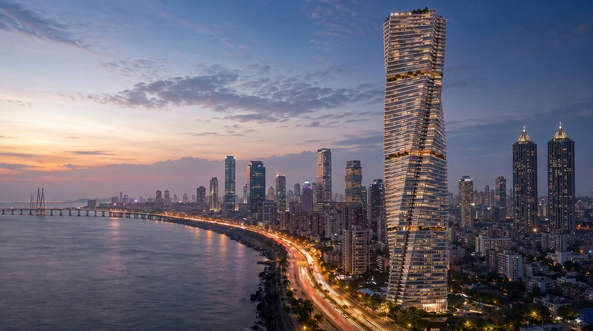 Mumbai skyline at dusk with a landmark twisted high-rise tower